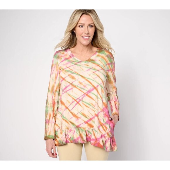 LOGO by Lori Goldstein Hand Tie-Dye Cotton Slub Top Ruffle Rose Cloud M A635907 - Picture 1 of 1